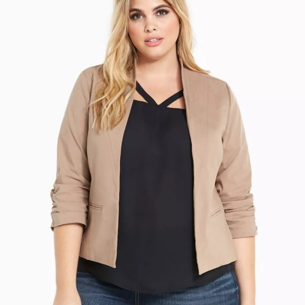 Torrid Tan Jacket with Rouched Sleeves Size 2